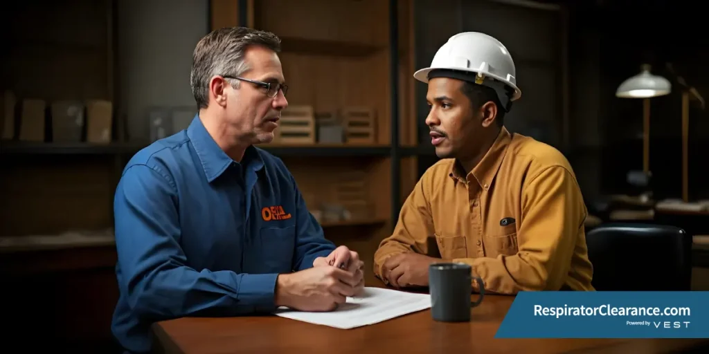 OSHA inspector discussing safety with an employee during inspection